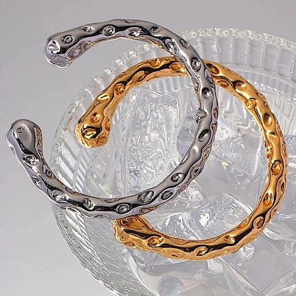 "Hammered Gold Plated Contour Bangle, Unique Stainless Steel Cuff, Trendy - Picture 11 of 12